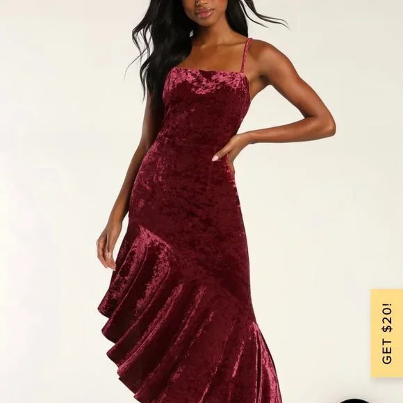 Lulus | Dresses | Lulus Wine Red Crushed Velvet Asymmetrical Maxi Dress |  Poshmark